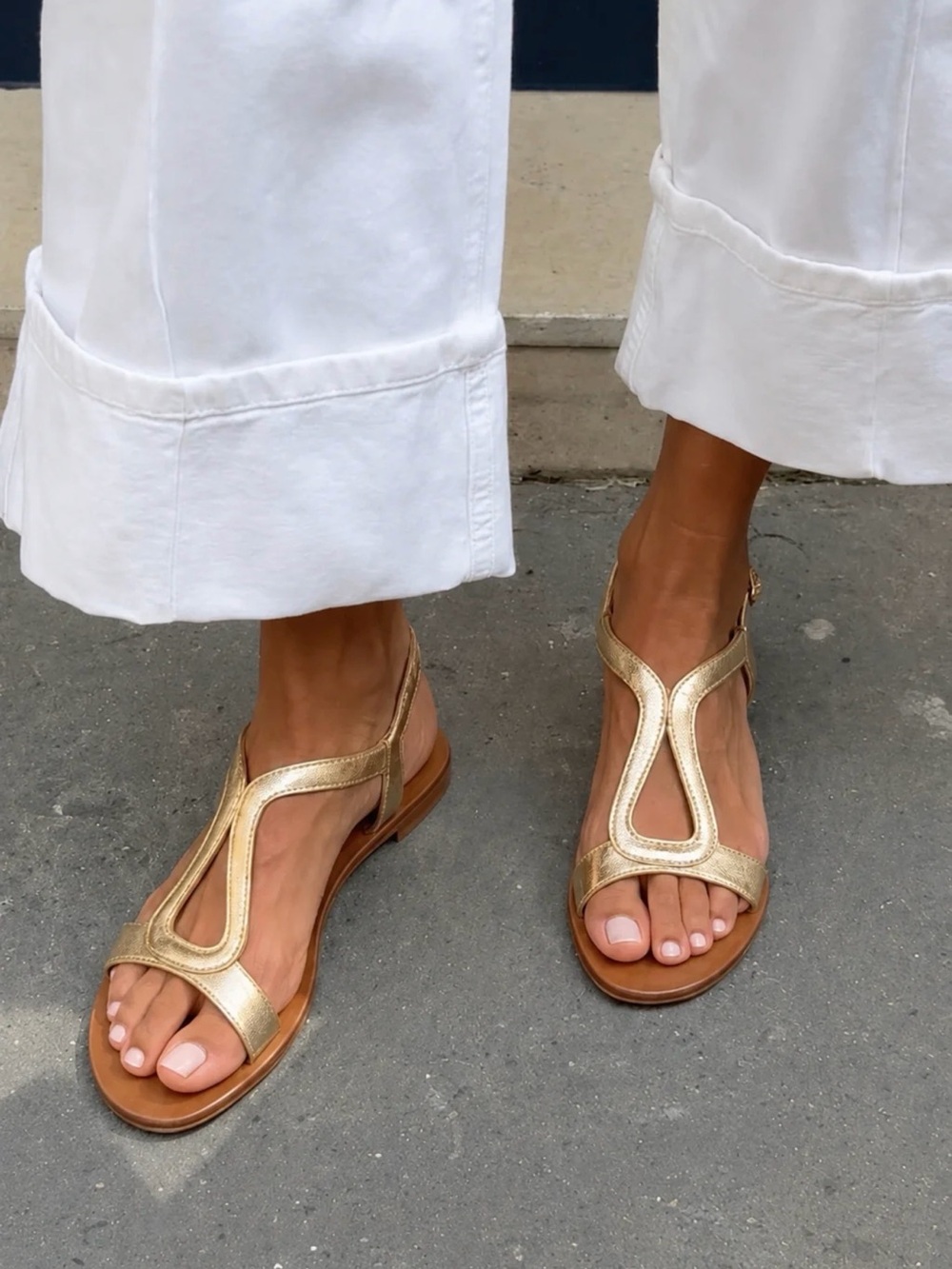 Metallic Gold Women’s T-strap Leather Sandals